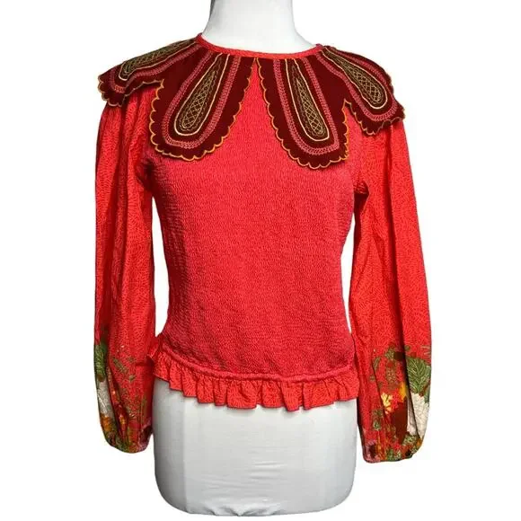 NWT Anthropologie Aliyana Collared Stretch Top Bl-nk Smocked SZ XS floral - Picture 2 of 7